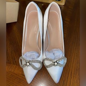white rhinestone bow heels